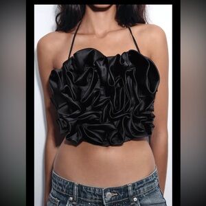 Zara Black Ruffle Satin Halter Crop Top